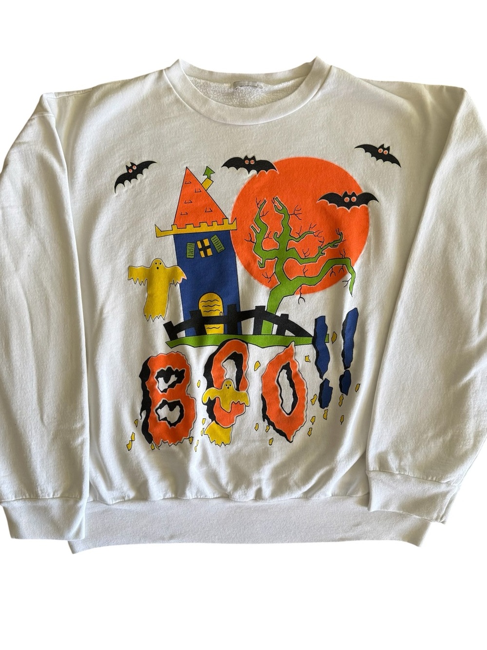 Vintage 90s Halloween BOO sweatshirt white XL haunted house ghost bats
